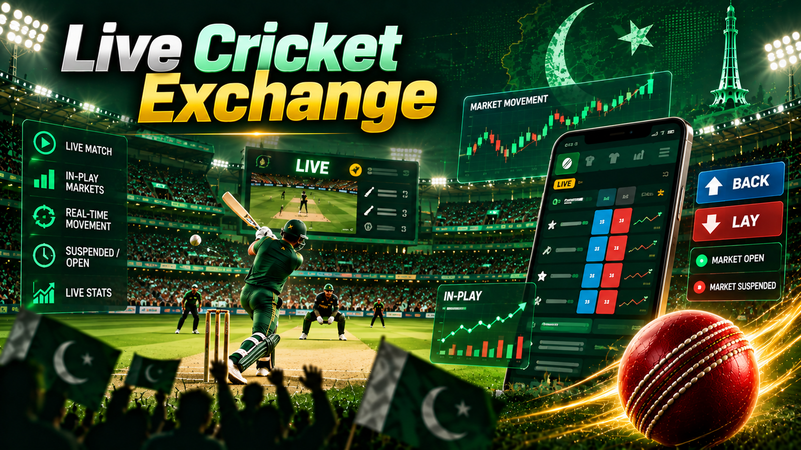 Live cricket exchange interface with in-play markets and market movement